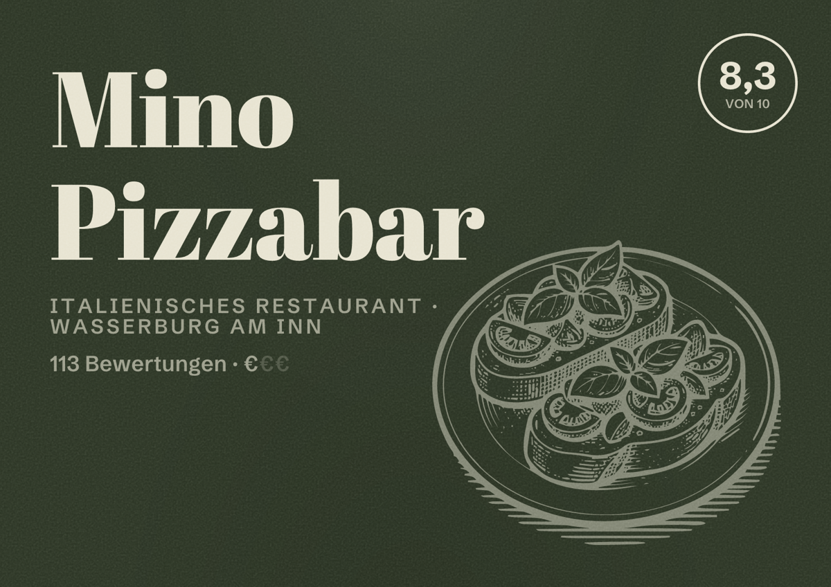 Illustriertes Poster von Mino Pizzabar, Italienisches Restaurant in Wasserburg am Inn: Bewertung 8,3 von 10 aus 113 Bewertungen, Preisniveau €