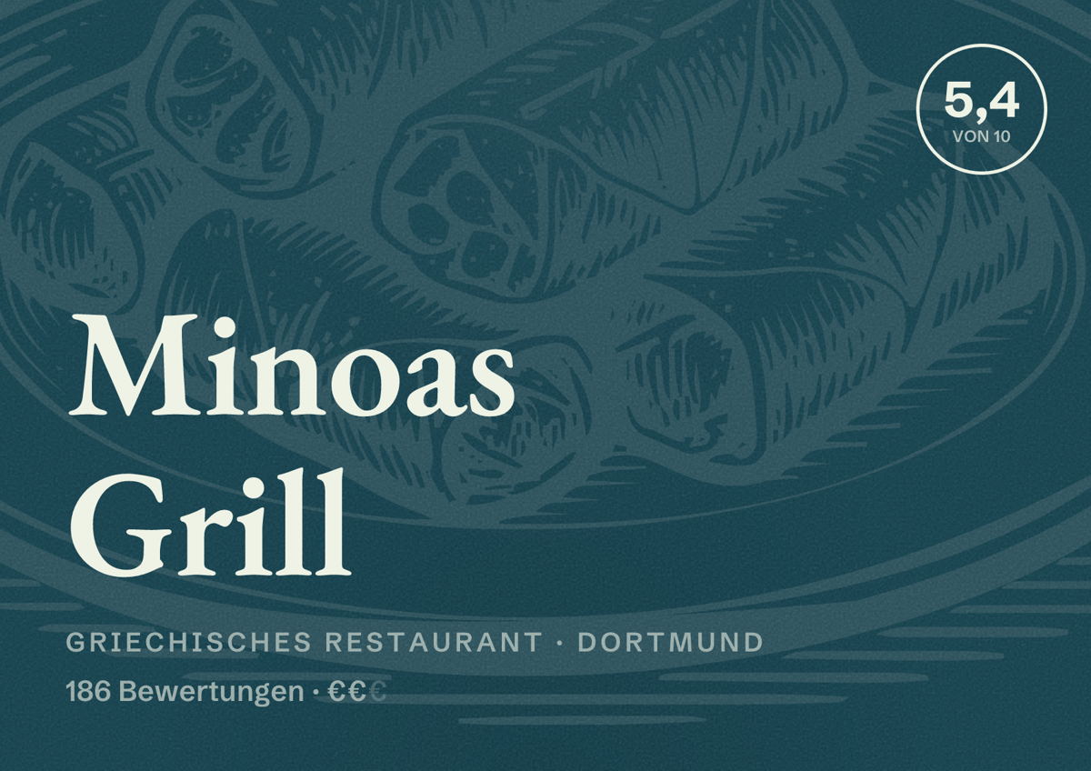 Illustriertes Poster von Minoas Grill, Griechisches Restaurant in Dortmund: Bewertung 5,4 von 10 aus 186 Bewertungen, Preisniveau €€