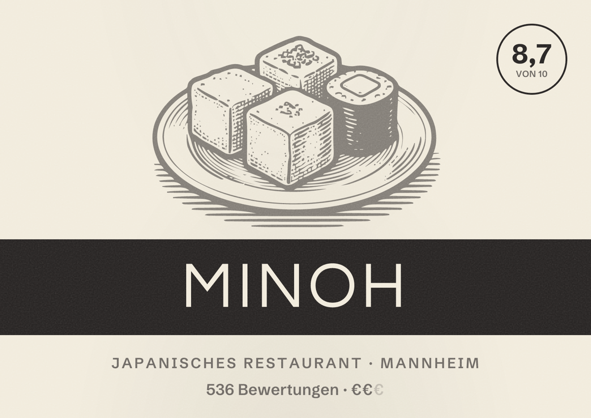 Illustriertes Poster von Minoh, Japanisches Restaurant in Mannheim: Bewertung 8,7 von 10 aus 536 Bewertungen, Preisniveau €€