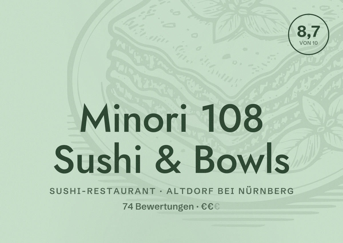 Illustriertes Poster von Minori 108 Sushi & Bowls, Sushi-Restaurant in Altdorf bei Nürnberg: Bewertung 8,7 von 10 aus 74 Bewertungen, Preisniveau €€