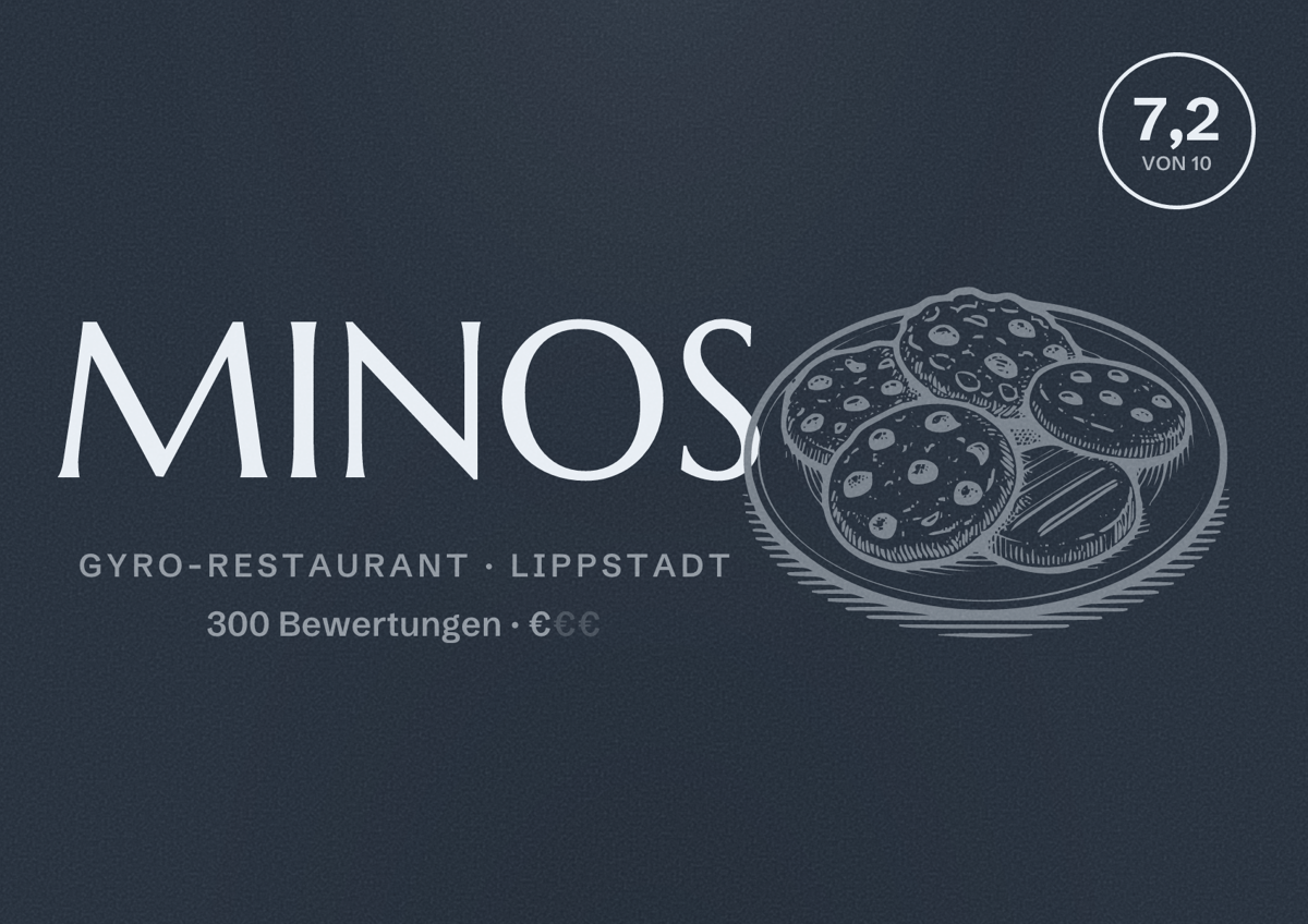 Illustriertes Poster von MINOS, Gyro-Restaurant in Lippstadt: Bewertung 7,2 von 10 aus 300 Bewertungen, Preisniveau €