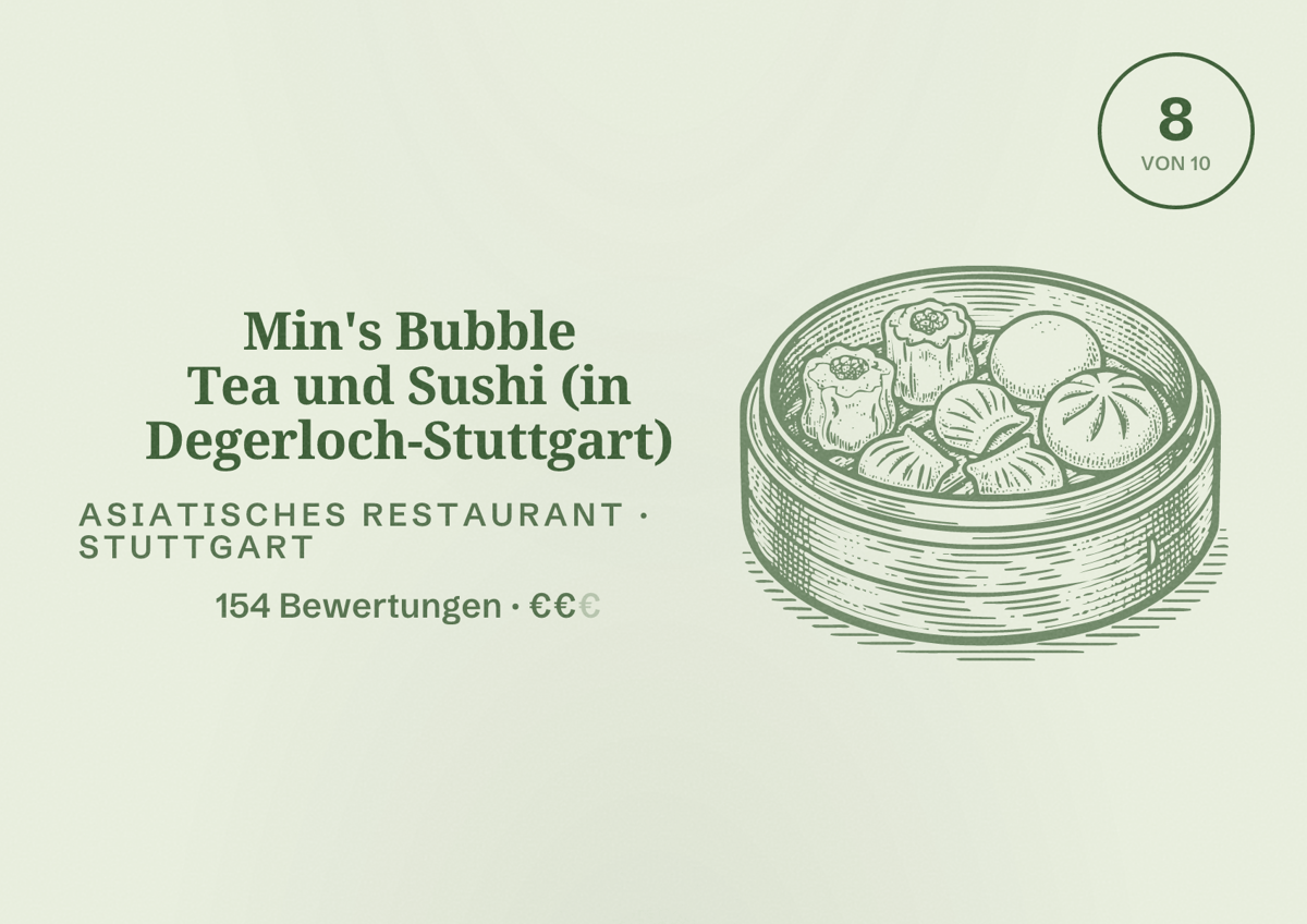 Illustriertes Poster von Min's Bubble Tea und Sushi (in Degerloch-Stuttgart), Asiatisches Restaurant in Stuttgart: Bewertung 8 von 10 aus 154 Bewertungen, Preisniveau €€