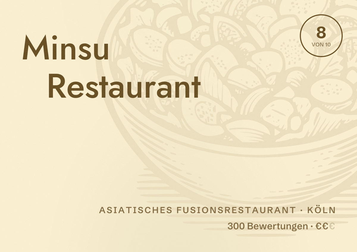 Illustriertes Poster von Minsu Restaurant, Asiatisches Fusionsrestaurant in Köln: Bewertung 8,0 von 10 aus 300 Bewertungen, Preisniveau €€
