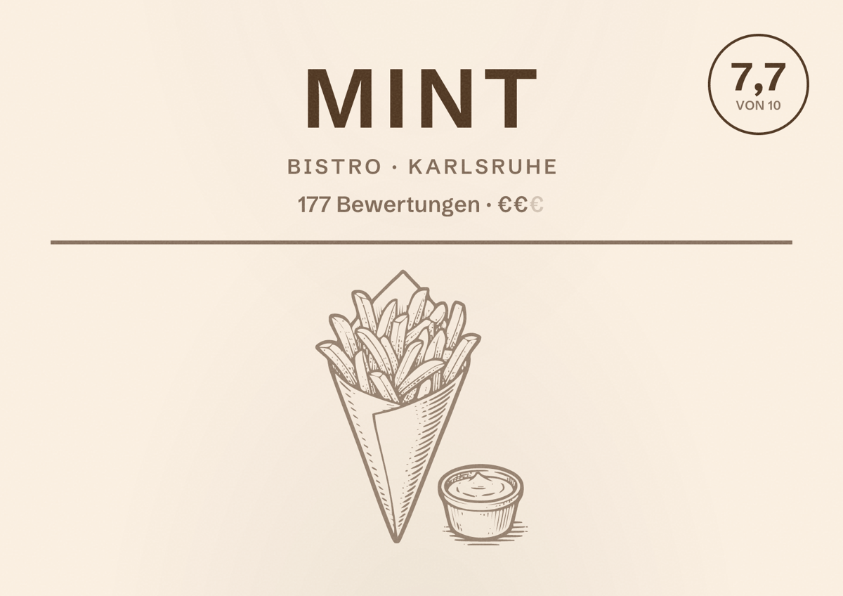 Illustriertes Poster von Mint, Bistro in Karlsruhe: Bewertung 7,7 von 10 aus 177 Bewertungen, Preisniveau €€