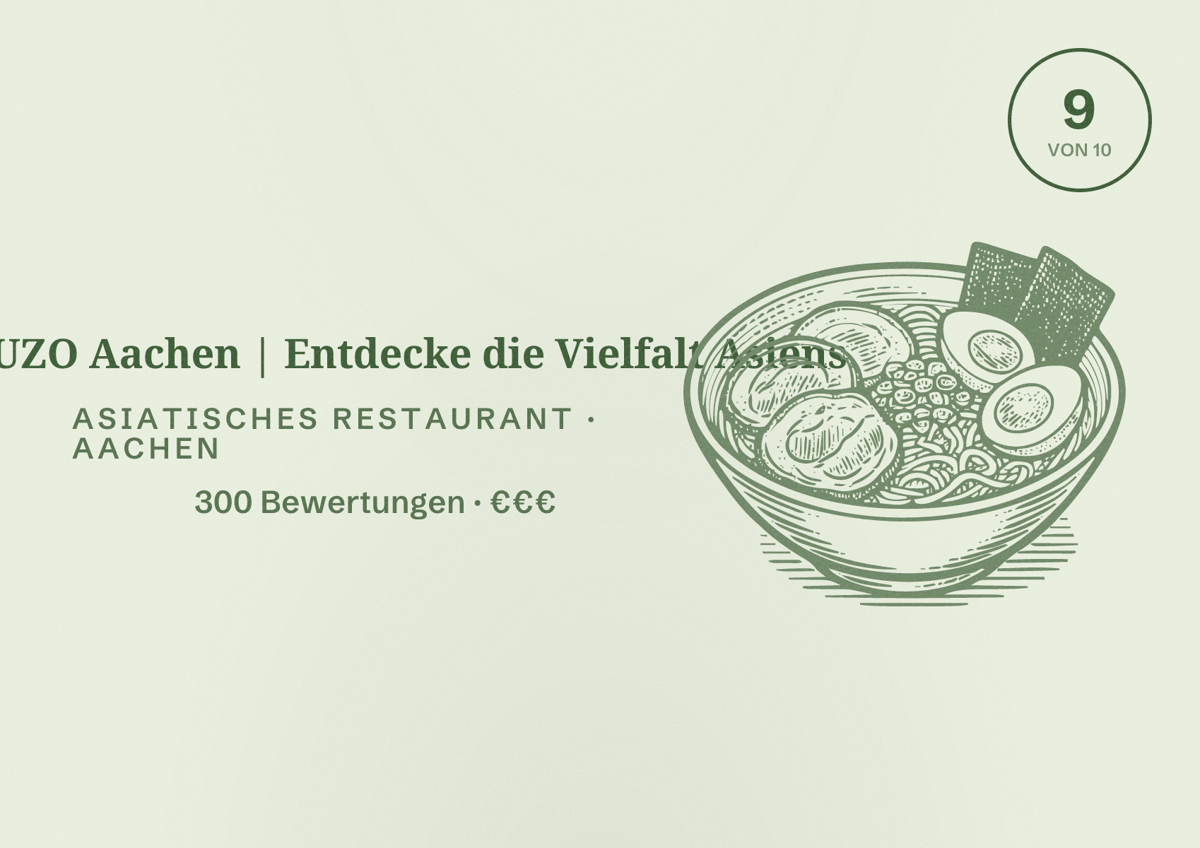Illustriertes Poster von MINUZO Aachen | Entdecke die Vielfalt Asiens, Asiatisches Restaurant in Aachen: Bewertung 9,0 von 10 aus 300 Bewertungen, Preisniveau €€€