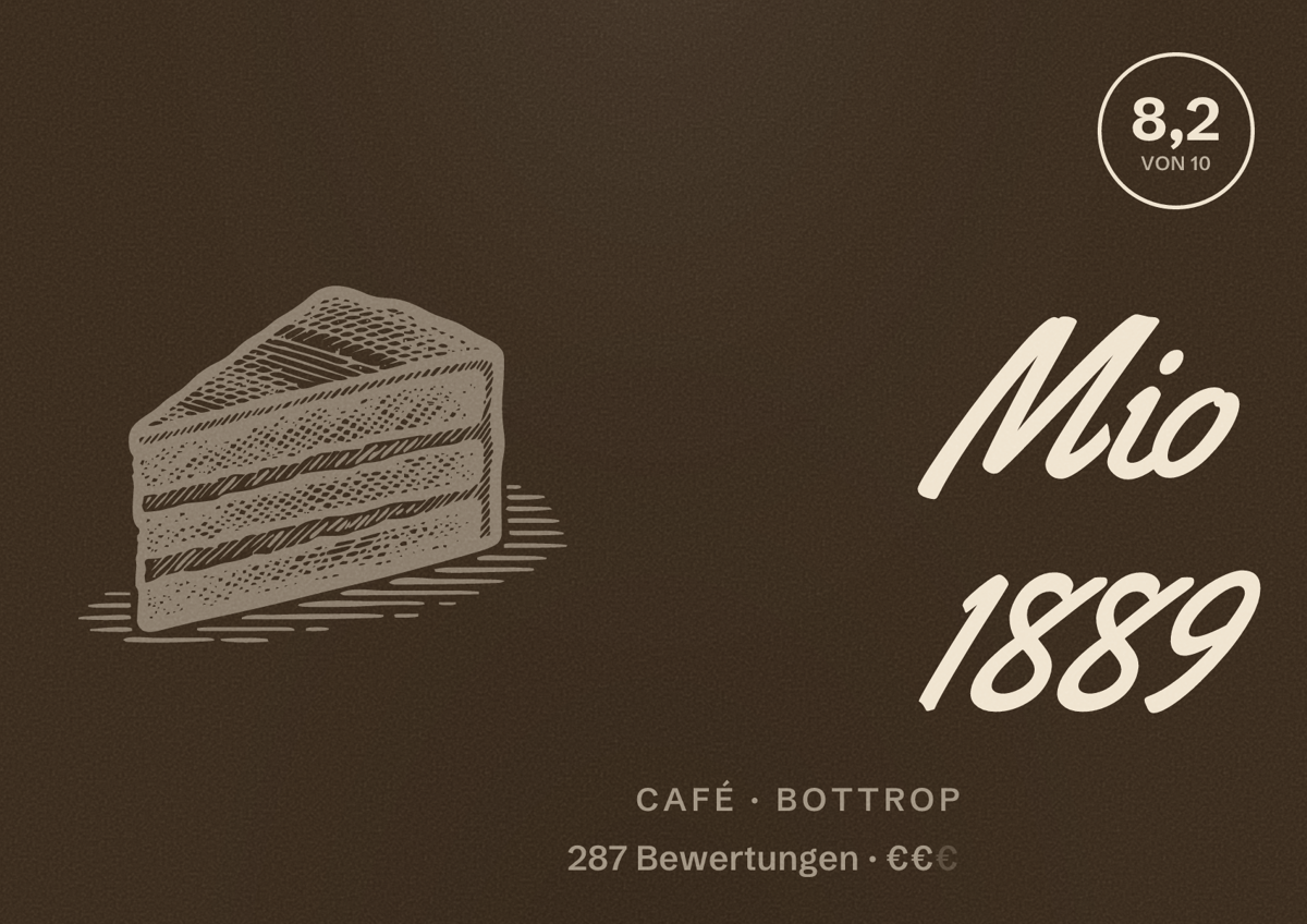 Illustriertes Poster von Mio 1889, Café in Bottrop: Bewertung 8,2 von 10 aus 287 Bewertungen, Preisniveau €€