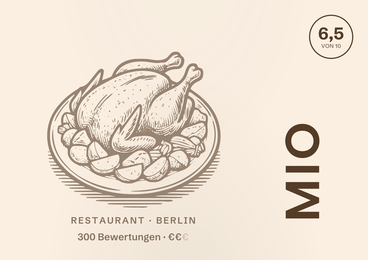 Illustriertes Poster von Mio, Restaurant in Berlin: Bewertung 6,5 von 10 aus 300 Bewertungen, Preisniveau €€