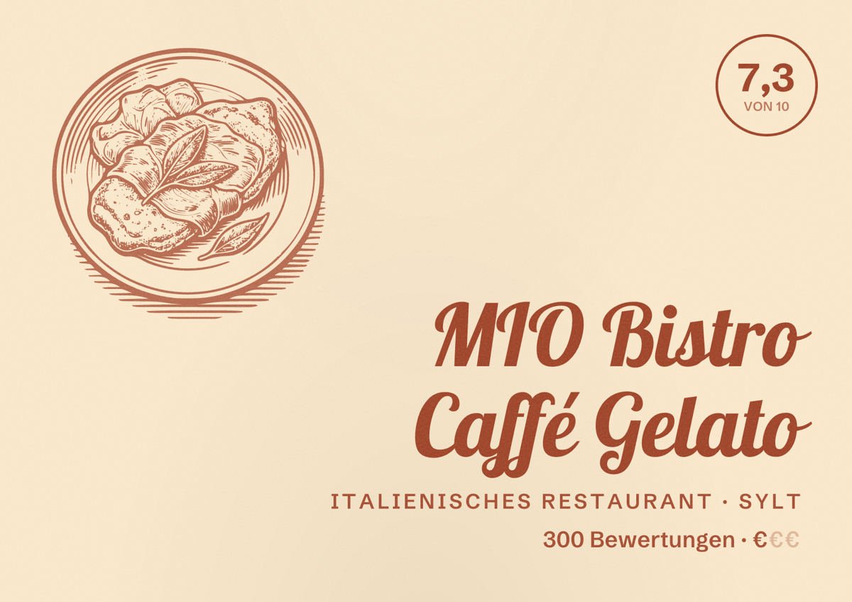 Illustriertes Poster von MIO Bistro Caffé Gelato, Italienisches Restaurant in Sylt: Bewertung 7,3 von 10 aus 300 Bewertungen, Preisniveau €