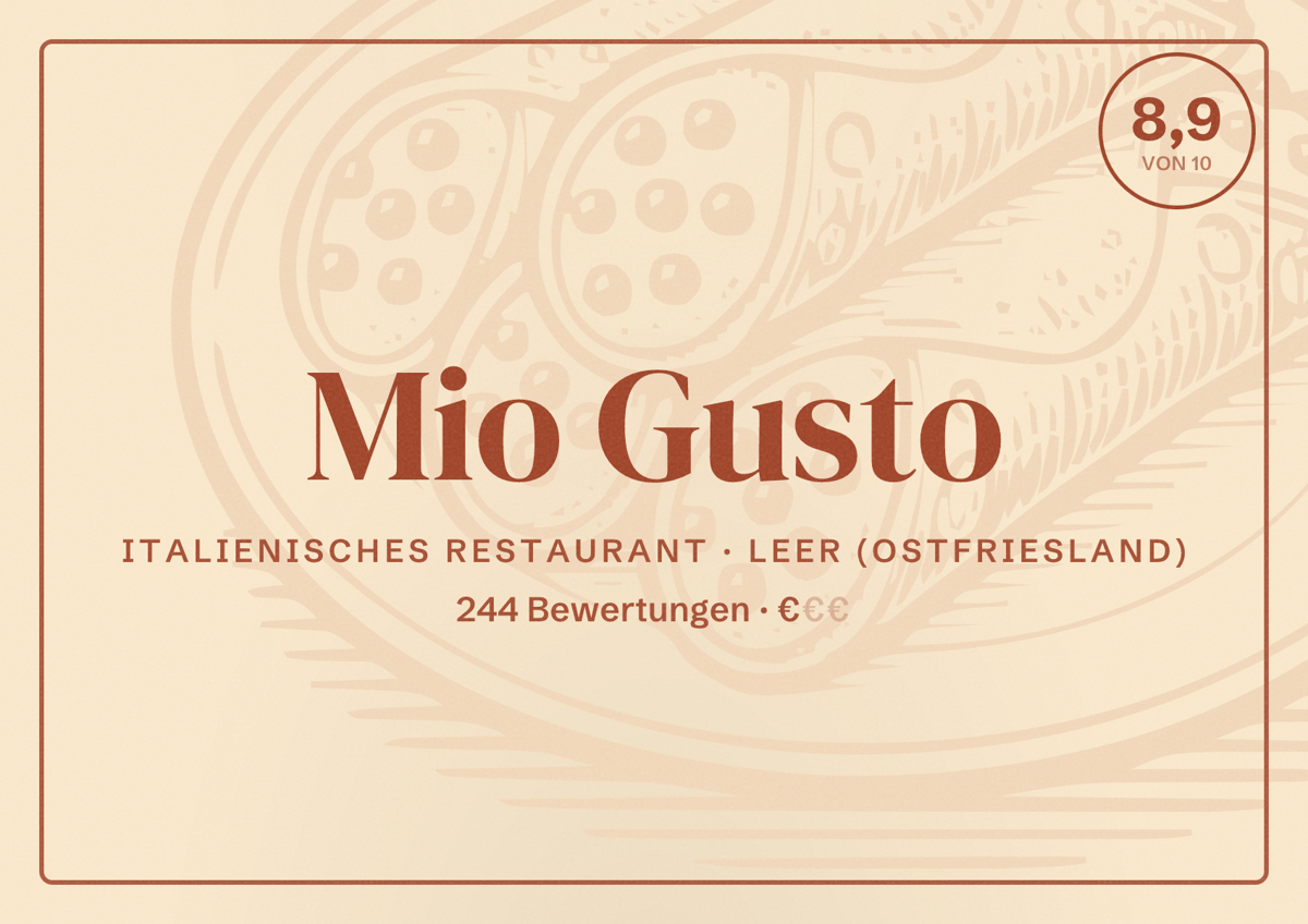 Illustriertes Poster von Mio Gusto, Italienisches Restaurant in Leer (Ostfriesland): Bewertung 8,9 von 10 aus 244 Bewertungen, Preisniveau €