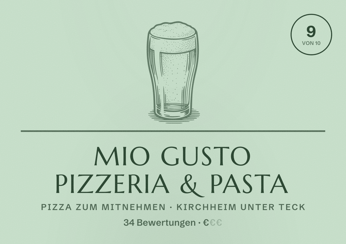 Illustriertes Poster von MIO Gusto Pizzeria & Pasta, Pizza zum Mitnehmen in Kirchheim unter Teck: Bewertung 9 von 10 aus 34 Bewertungen, Preisniveau €
