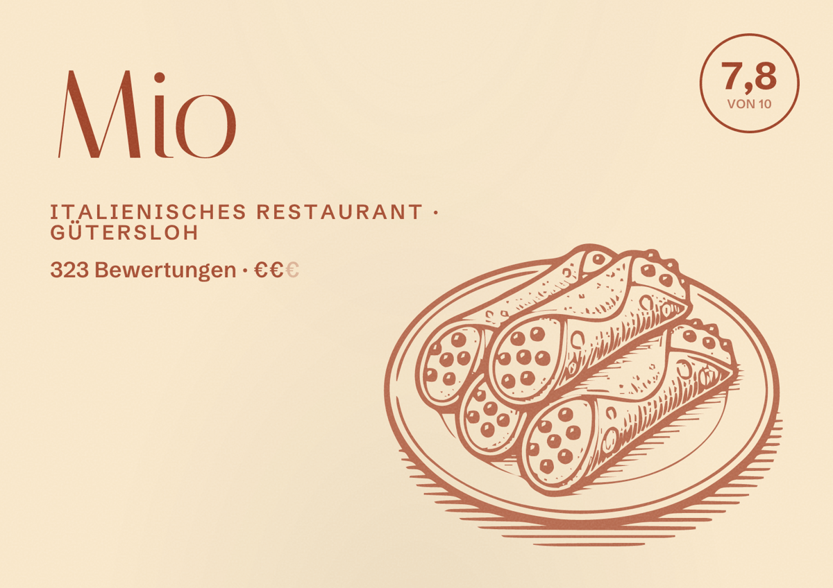 Illustriertes Poster von Mio, Italienisches Restaurant in Gütersloh: Bewertung 7,8 von 10 aus 323 Bewertungen, Preisniveau €€