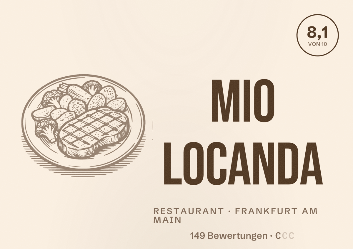 Illustriertes Poster von Mio Locanda, Restaurant in Frankfurt am Main: Bewertung 8,1 von 10 aus 149 Bewertungen, Preisniveau €