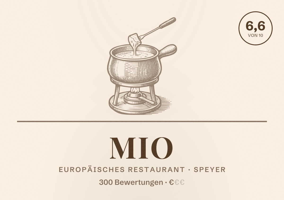 Illustriertes Poster von Mio, Europäisches Restaurant in Speyer: Bewertung 6,6 von 10 aus 300 Bewertungen, Preisniveau €
