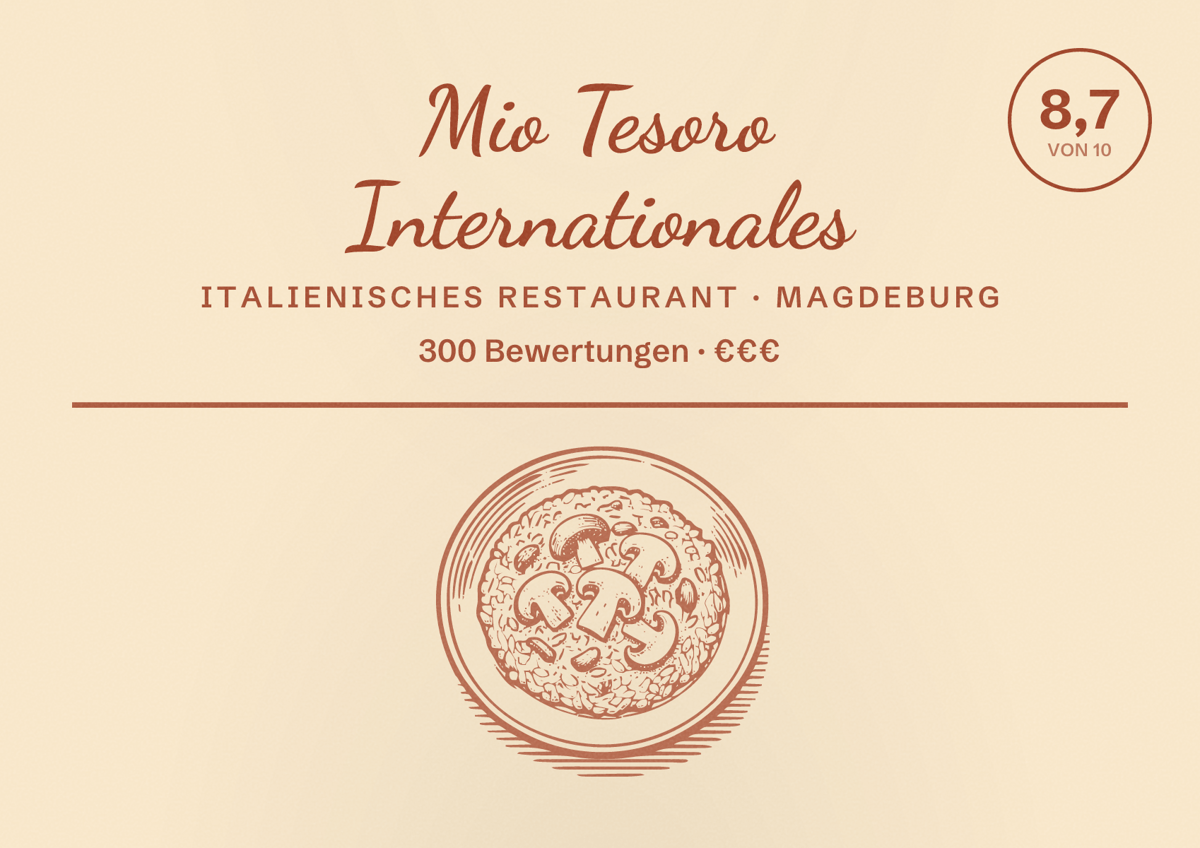 Illustriertes Poster von Mio Tesoro Internationales, Italienisches Restaurant in Magdeburg: Bewertung 8,7 von 10 aus 300 Bewertungen, Preisniveau €€€