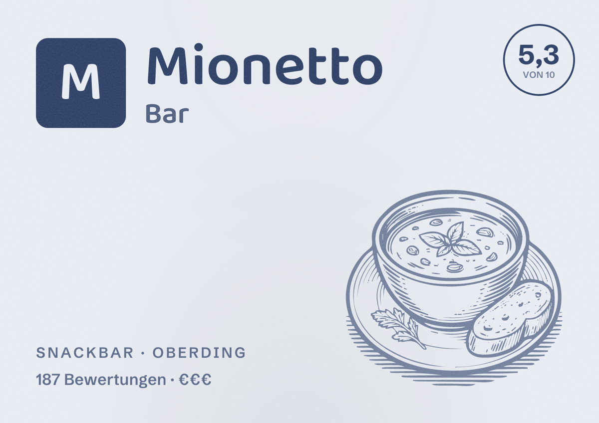 Illustriertes Poster von Mionetto Bar, Snackbar in Oberding: Bewertung 5,3 von 10 aus 187 Bewertungen, Preisniveau €€€