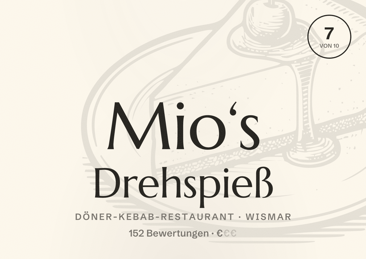 Illustriertes Poster von Mio‘s Drehspieß, Döner-Kebab-Restaurant in Wismar: Bewertung 7 von 10 aus 152 Bewertungen, Preisniveau €