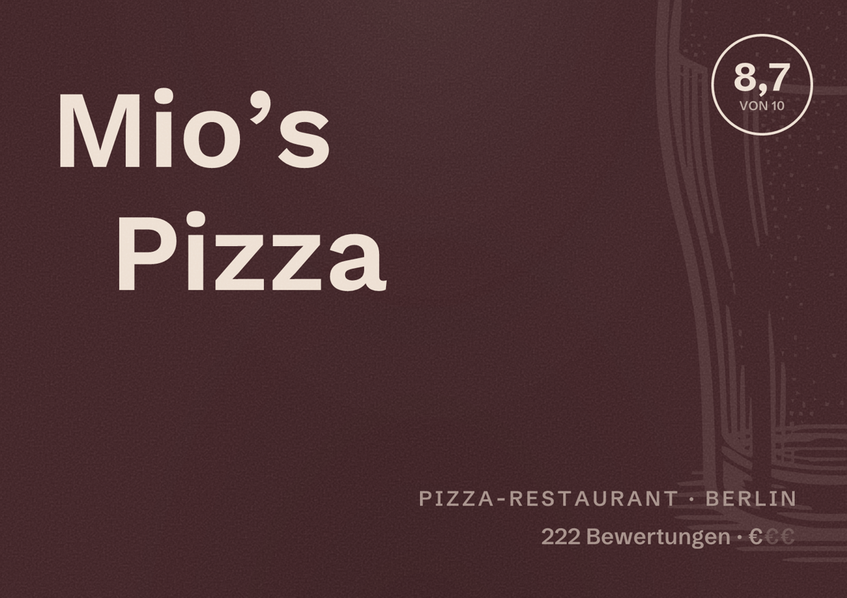 Illustriertes Poster von Mio’s Pizza, Pizza-Restaurant in Berlin: Bewertung 8,7 von 10 aus 222 Bewertungen, Preisniveau €