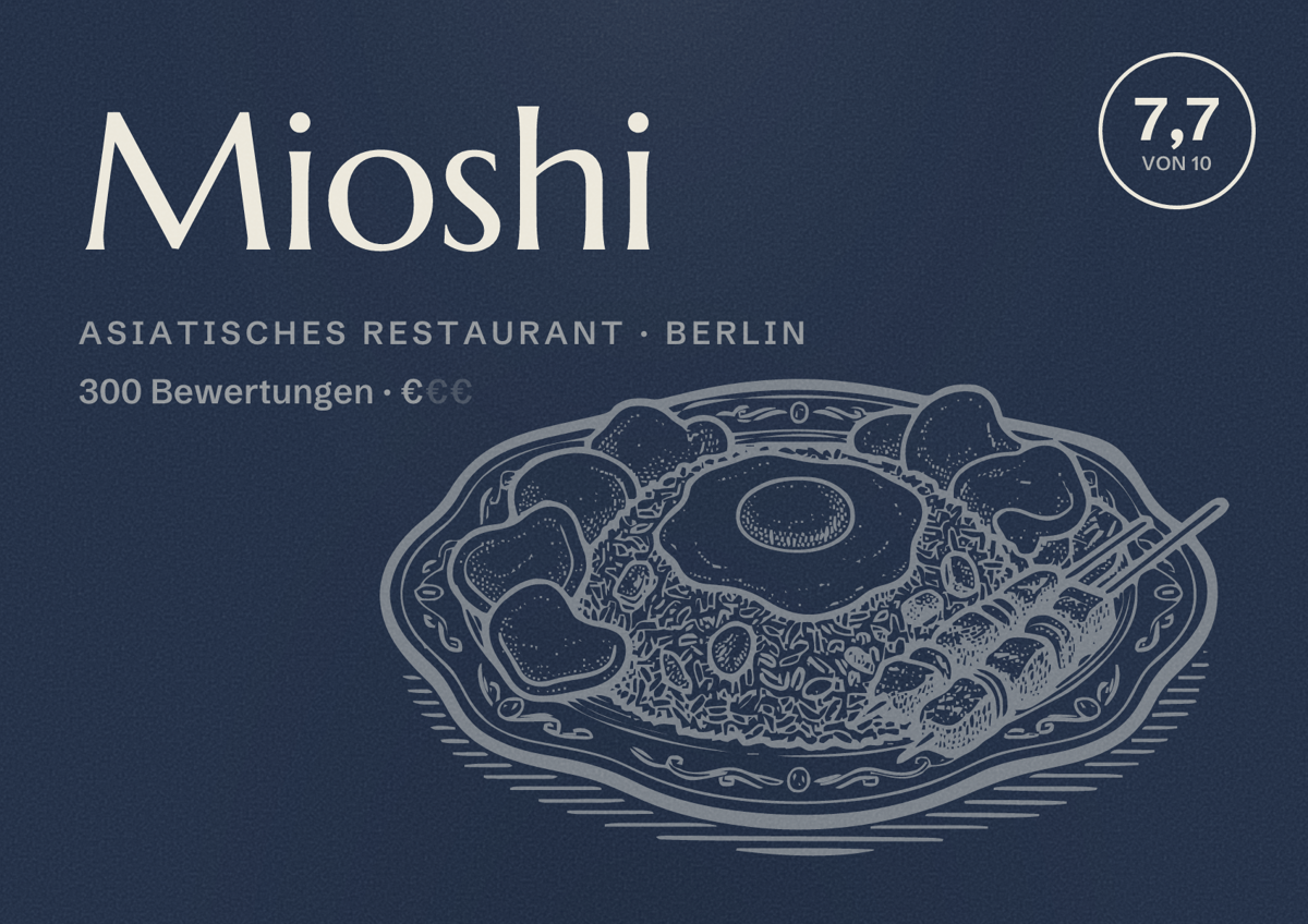 Illustriertes Poster von Mioshi, Asiatisches Restaurant in Berlin: Bewertung 7,7 von 10 aus 300 Bewertungen, Preisniveau €