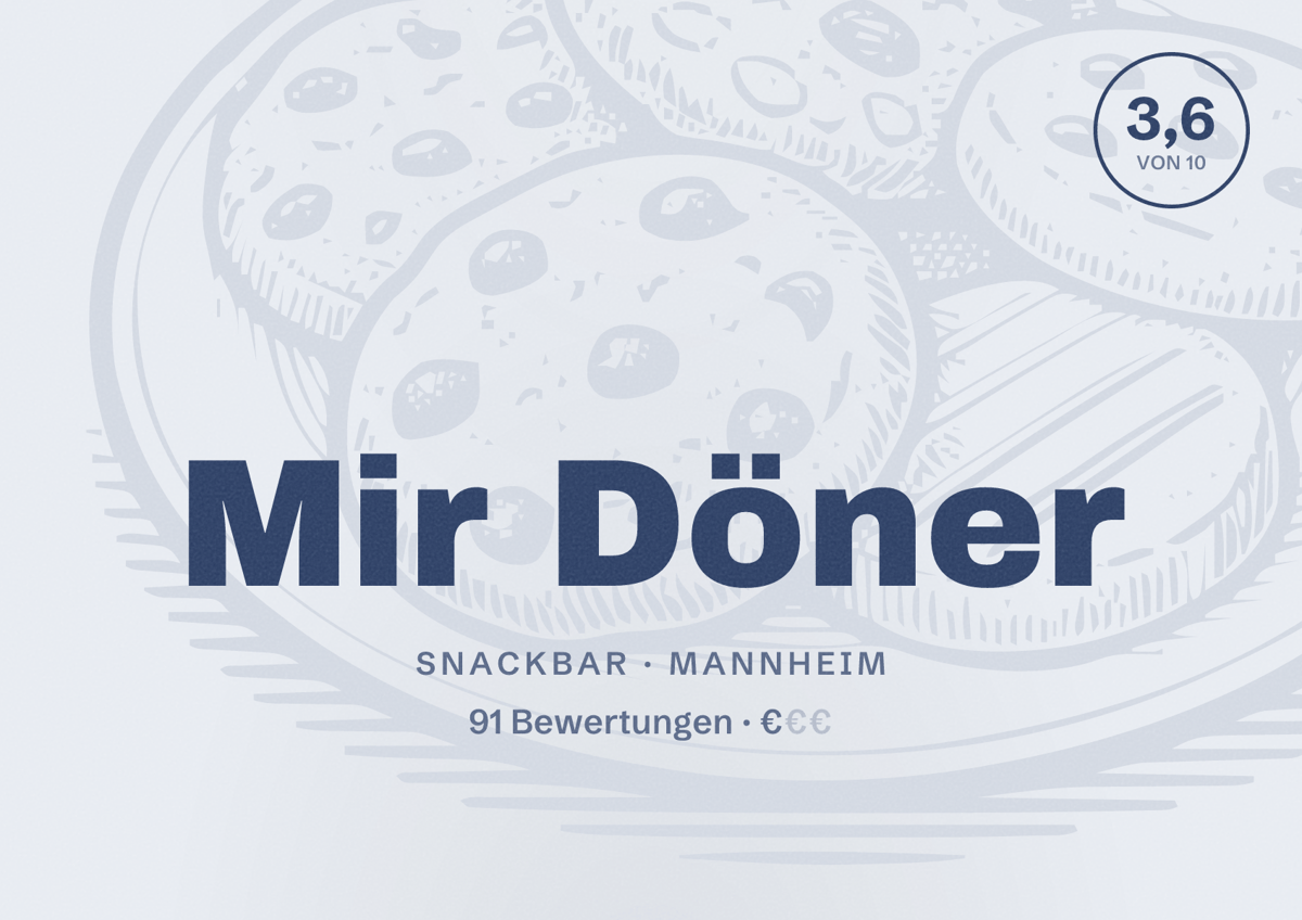 Illustriertes Poster von Mir Döner, Snackbar in Mannheim: Bewertung 3,6 von 10 aus 91 Bewertungen, Preisniveau €
