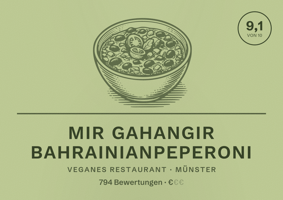 Illustriertes Poster von Mir Gahangir BahrainianPeperoni, Veganes Restaurant in Münster: Bewertung 9,1 von 10 aus 794 Bewertungen, Preisniveau €