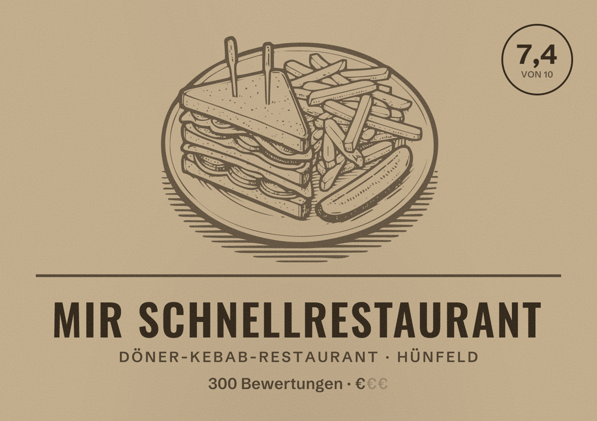 Illustriertes Poster von MiR Schnellrestaurant, Döner-Kebab-Restaurant in Hünfeld: Bewertung 7,4 von 10 aus 300 Bewertungen, Preisniveau €