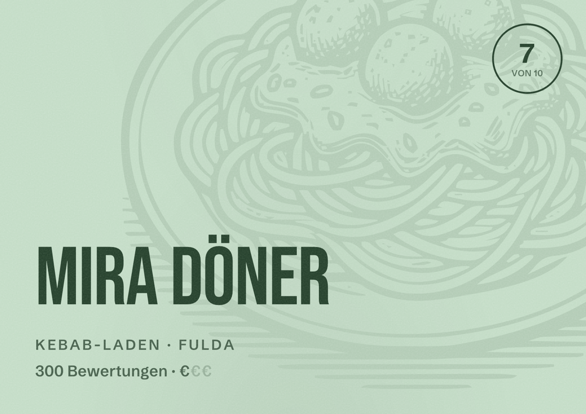 Illustriertes Poster von Mira Döner, Kebab-Laden in Fulda: Bewertung 7 von 10 aus 300 Bewertungen, Preisniveau €