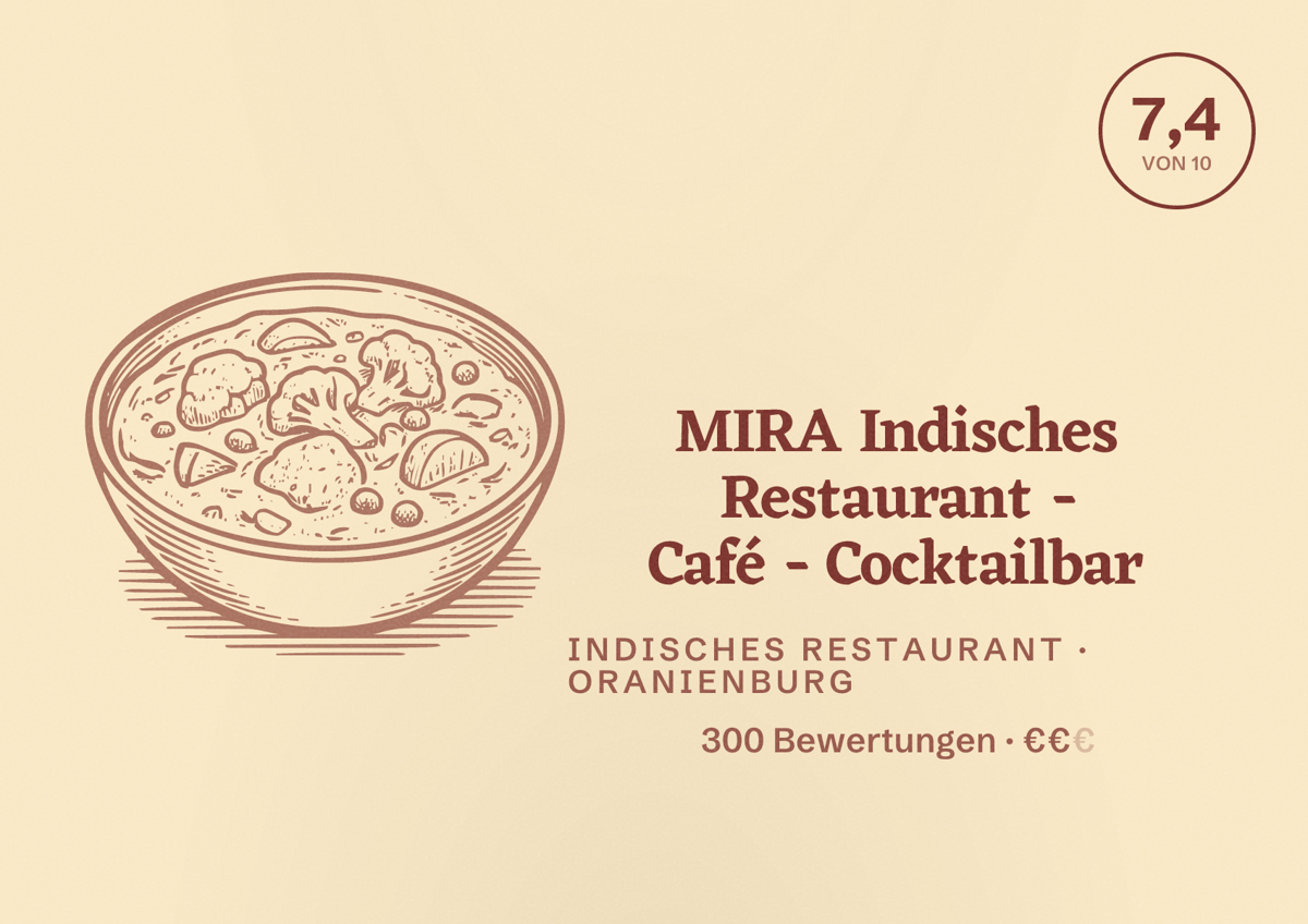 Illustriertes Poster von MIRA Indisches Restaurant - Café - Cocktailbar, Indisches Restaurant in Oranienburg: Bewertung 7,4 von 10 aus 300 Bewertungen, Preisniveau €€