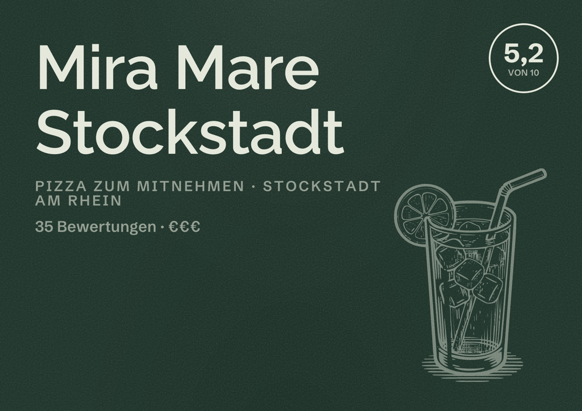 Illustriertes Poster von Mira Mare Stockstadt, Pizza zum Mitnehmen in Stockstadt am Rhein: Bewertung 5,2 von 10 aus 35 Bewertungen, Preisniveau €€€