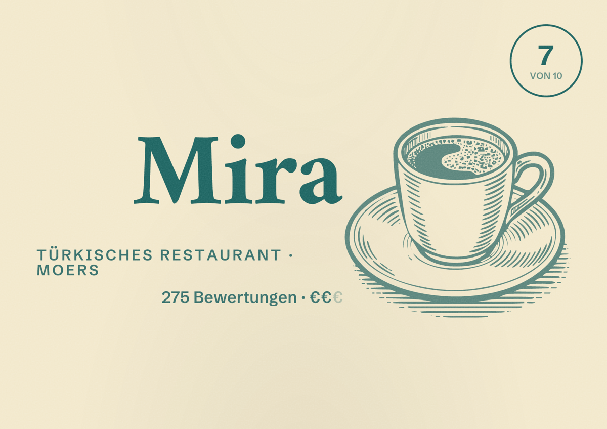 Illustriertes Poster von Mira, Türkisches Restaurant in Moers: Bewertung 7 von 10 aus 275 Bewertungen, Preisniveau €€