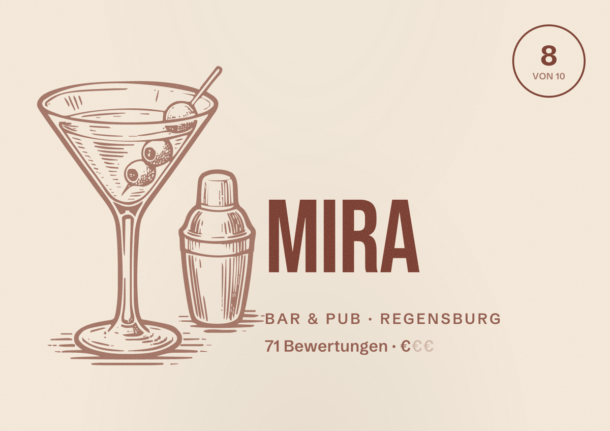 Illustriertes Poster von Mira, Bar & Pub in Regensburg: Bewertung 8 von 10 aus 71 Bewertungen, Preisniveau €