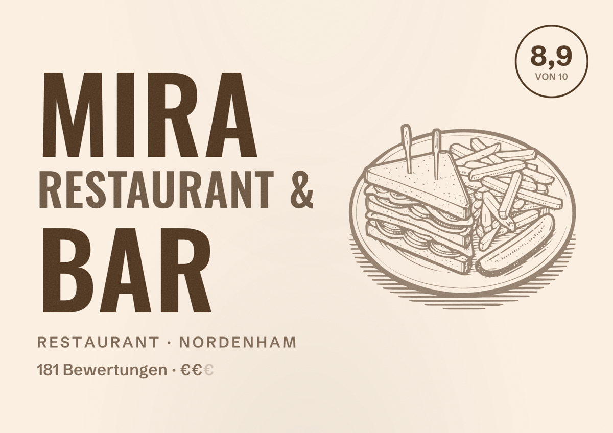 Illustriertes Poster von Mira Restaurant & Bar, Restaurant in Nordenham: Bewertung 8,9 von 10 aus 181 Bewertungen, Preisniveau €€