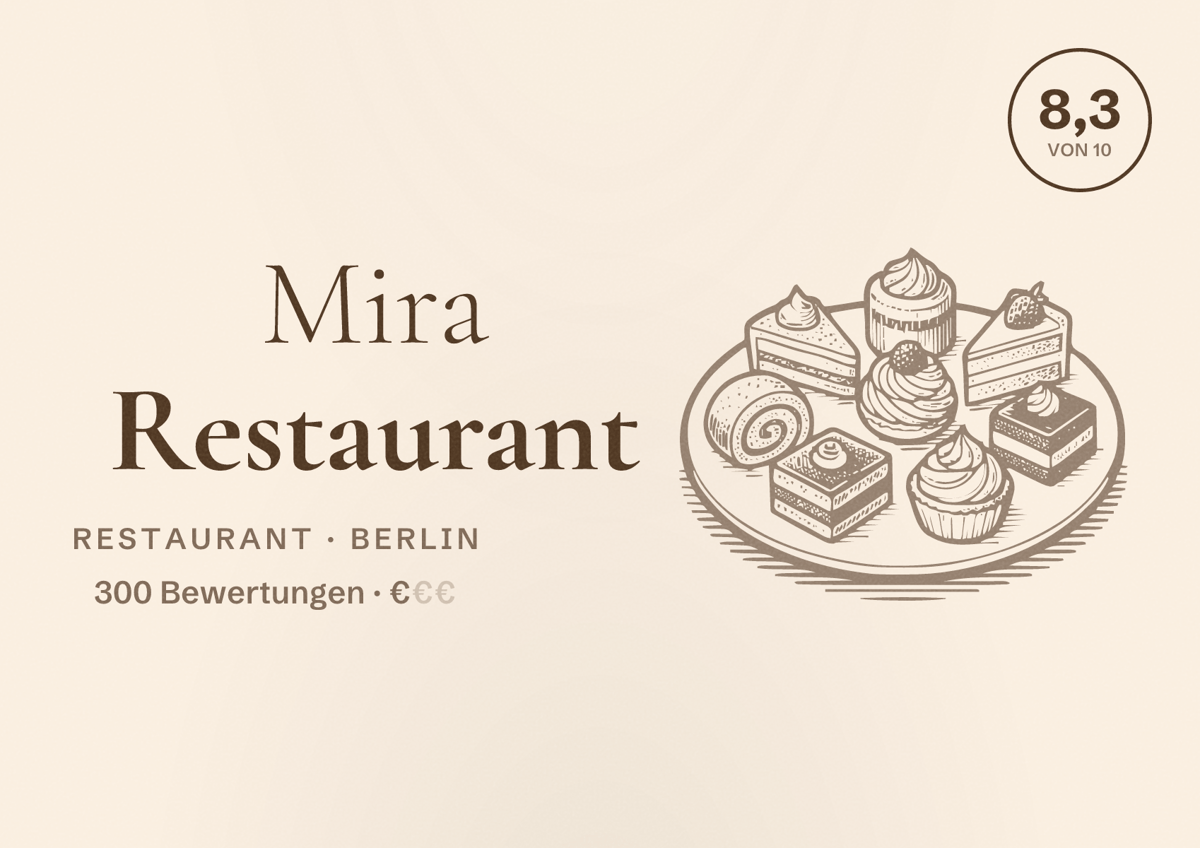 Illustriertes Poster von Mira Restaurant, Restaurant in Berlin: Bewertung 8,3 von 10 aus 300 Bewertungen, Preisniveau €