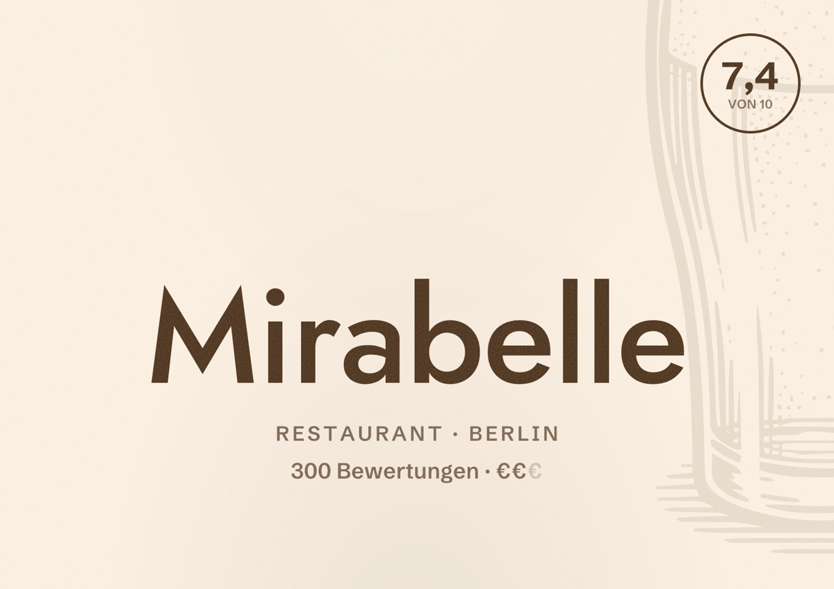 Illustriertes Poster von Mirabelle, Restaurant in Berlin: Bewertung 7,4 von 10 aus 300 Bewertungen, Preisniveau €€