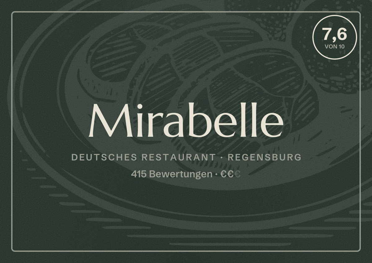 Illustriertes Poster von Mirabelle, Deutsches Restaurant in Regensburg: Bewertung 7,6 von 10 aus 415 Bewertungen, Preisniveau €€