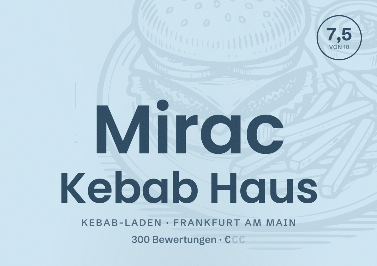 Illustriertes Poster von Mirac Kebab Haus, Kebab-Laden in Frankfurt am Main: Bewertung 7,5 von 10 aus 300 Bewertungen, Preisniveau €