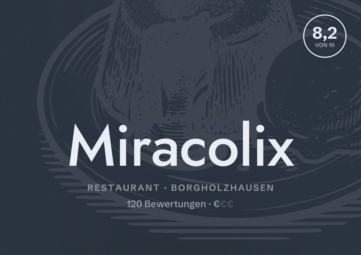 Illustriertes Poster von Miracolix, Restaurant in Borgholzhausen: Bewertung 8,2 von 10 aus 120 Bewertungen, Preisniveau €