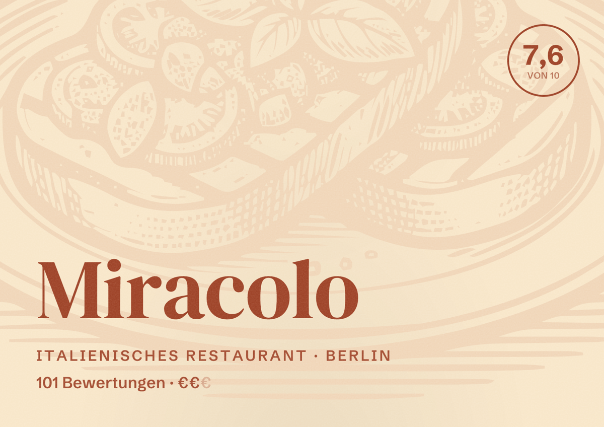 Illustriertes Poster von Miracolo, Italienisches Restaurant in Berlin: Bewertung 7,6 von 10 aus 101 Bewertungen, Preisniveau €€