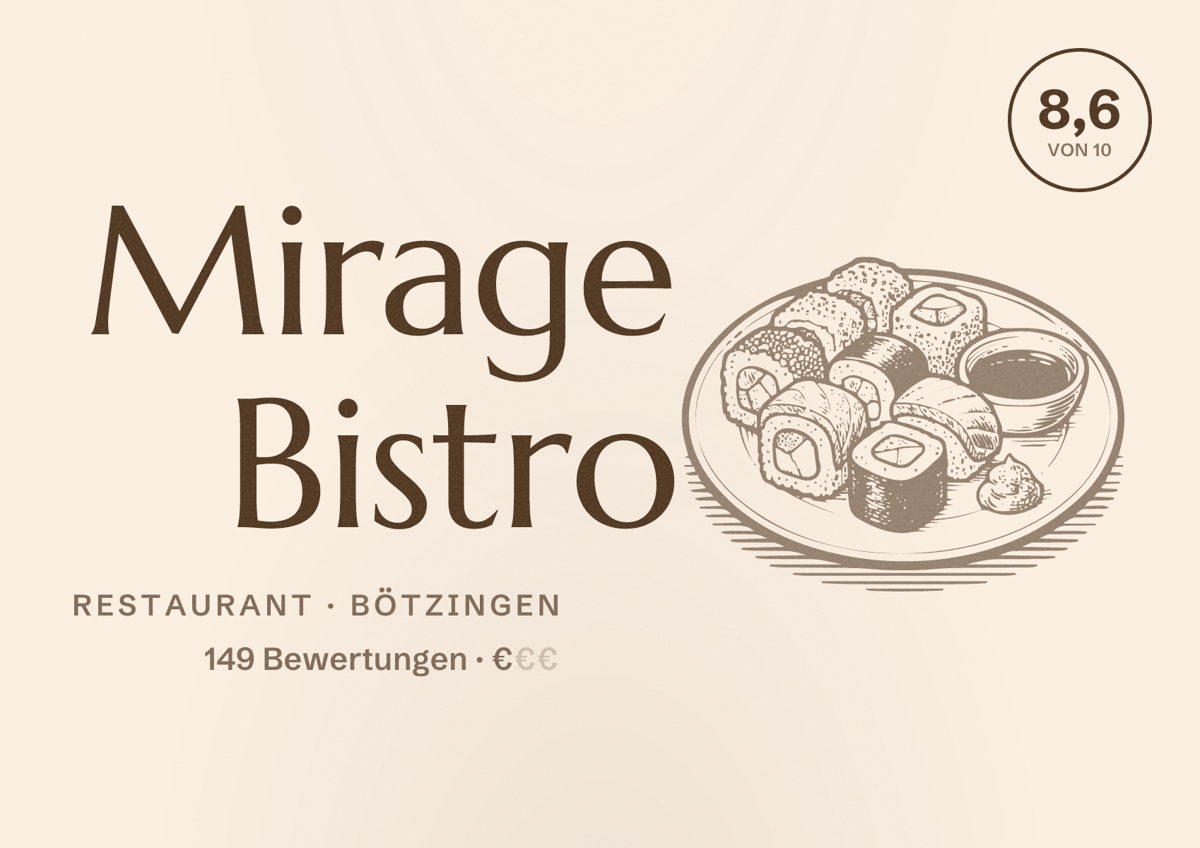 Illustriertes Poster von Mirage Bistro, Restaurant in Bötzingen: Bewertung 8,6 von 10 aus 149 Bewertungen, Preisniveau €