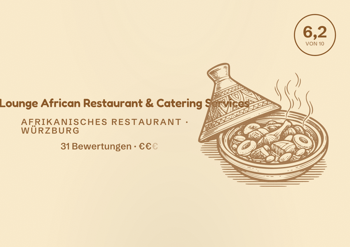 Illustriertes Poster von Miraj Lounge African Restaurant & Catering Services, Afrikanisches Restaurant in Würzburg: Bewertung 6,2 von 10 aus 31 Bewertungen, Preisniveau €€