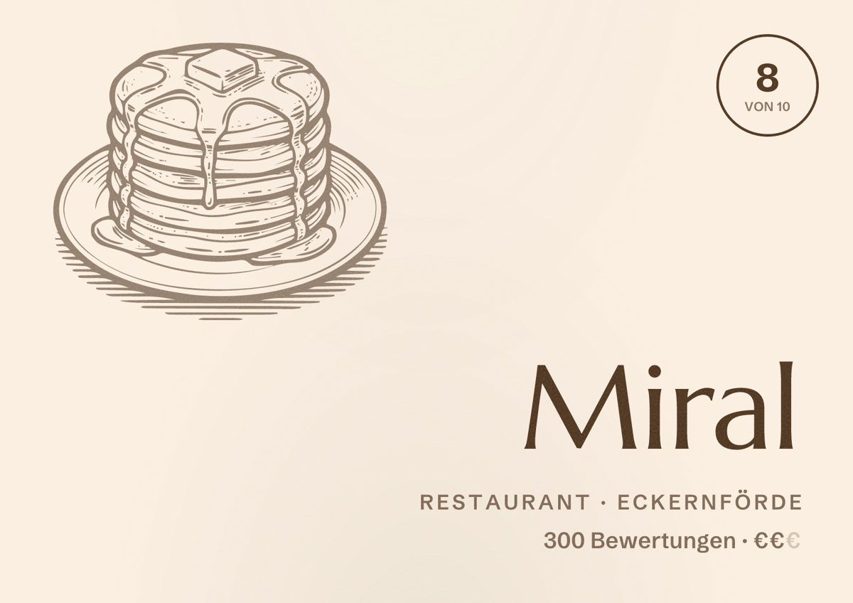 Illustriertes Poster von Miral, Restaurant in Eckernförde: Bewertung 8 von 10 aus 300 Bewertungen, Preisniveau €€