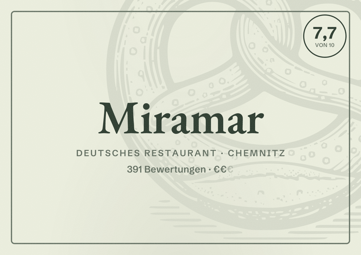 Illustriertes Poster von Miramar, Deutsches Restaurant in Chemnitz: Bewertung 7,7 von 10 aus 391 Bewertungen, Preisniveau €€