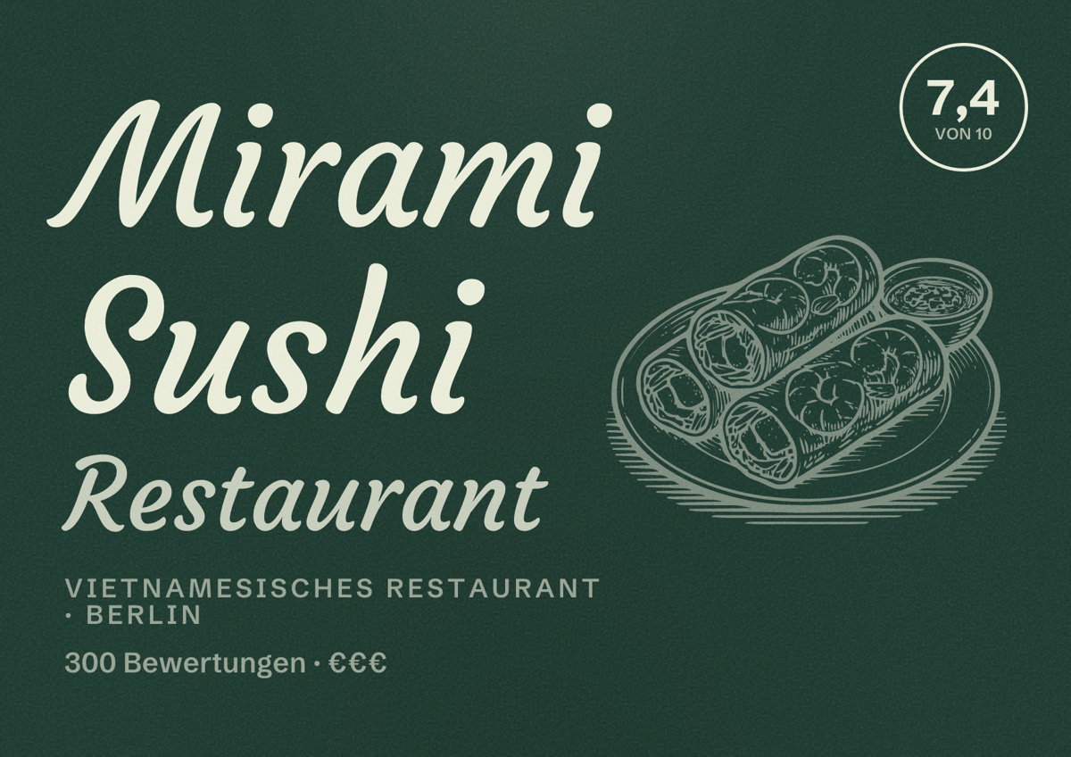 Illustriertes Poster von Mirami Sushi Restaurant, Vietnamesisches Restaurant in Berlin: Bewertung 7,4 von 10 aus 300 Bewertungen, Preisniveau €€€