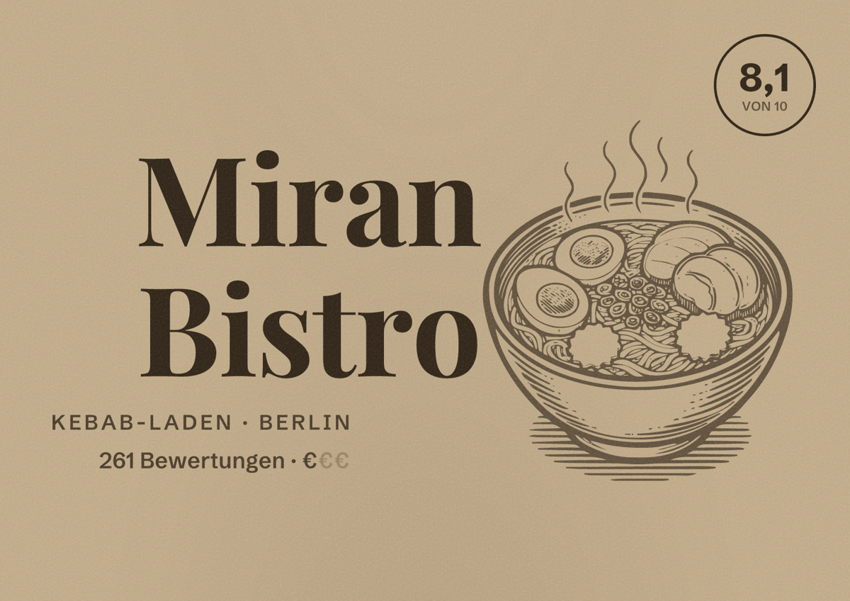 Illustriertes Poster von Miran Bistro, Kebab-Laden in Berlin: Bewertung 8,1 von 10 aus 261 Bewertungen, Preisniveau €