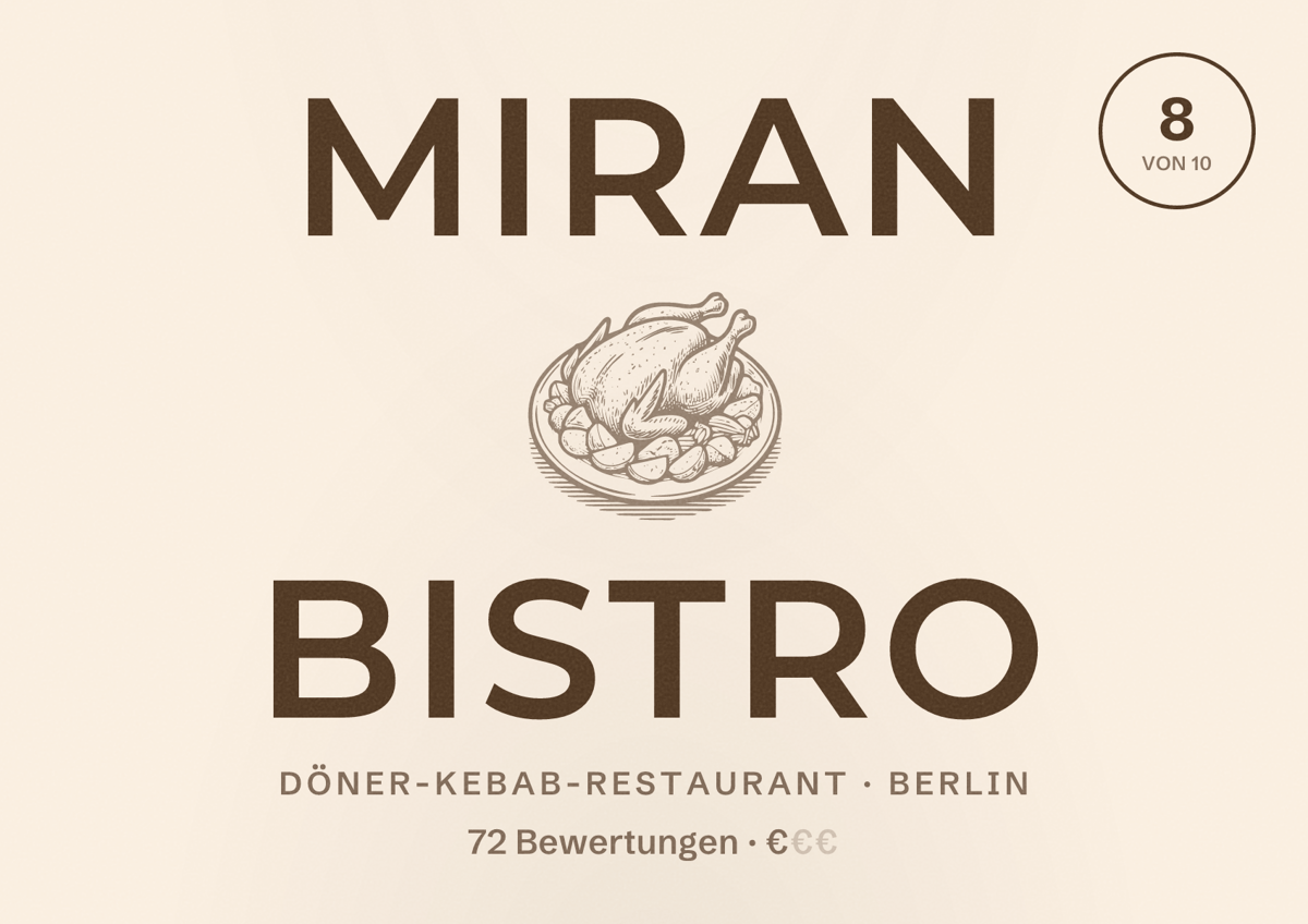 Illustriertes Poster von Miran Bistro, Döner-Kebab-Restaurant in Berlin: Bewertung 8,0 von 10 aus 72 Bewertungen, Preisniveau €