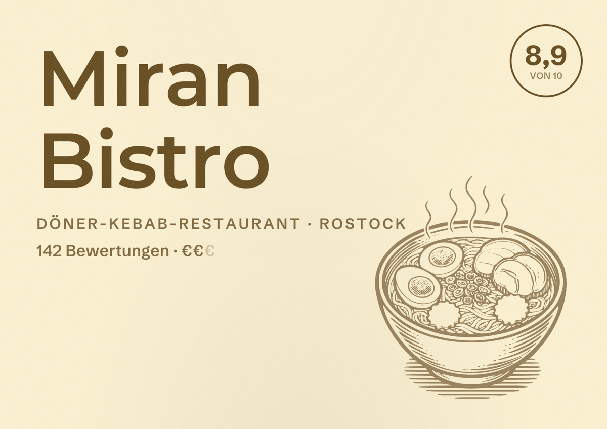 Illustriertes Poster von Miran Bistro, Döner-Kebab-Restaurant in Rostock: Bewertung 8,9 von 10 aus 142 Bewertungen, Preisniveau €€