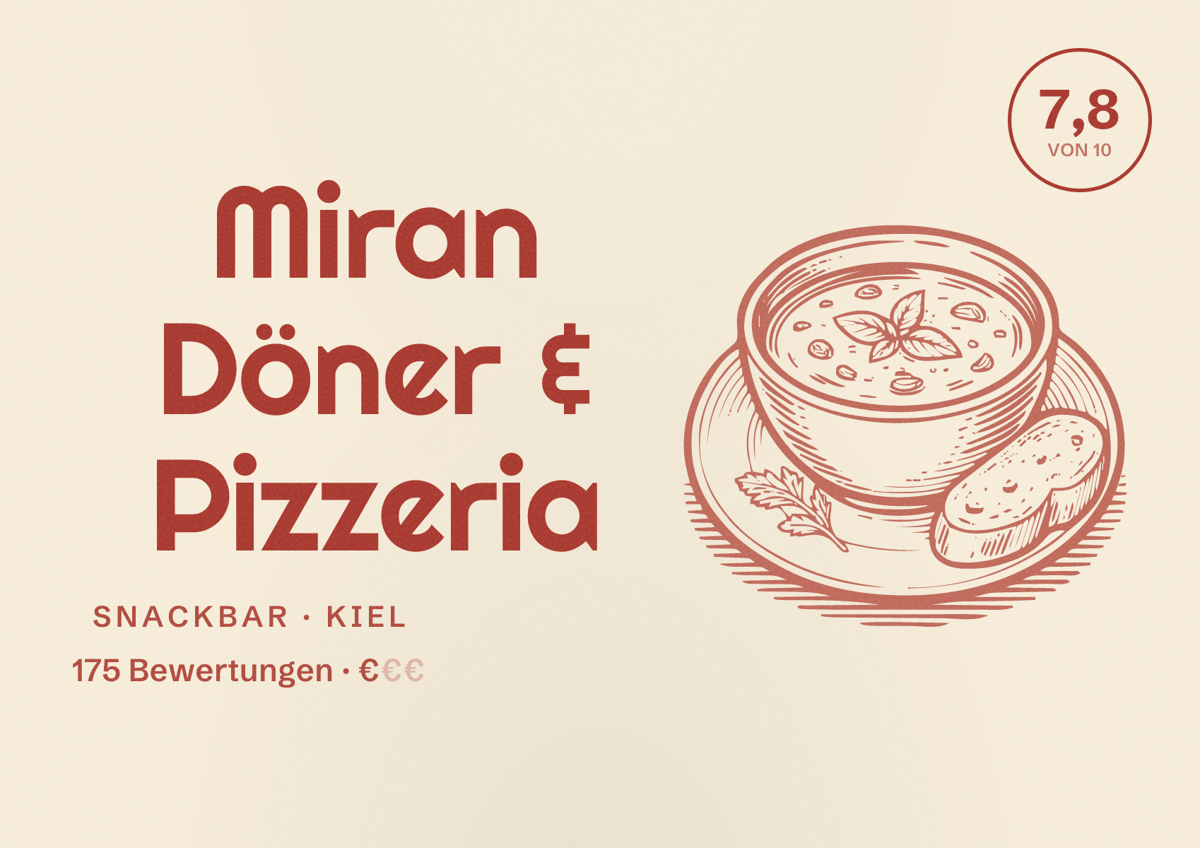 Illustriertes Poster von Miran Döner & Pizzeria, Snackbar in Kiel: Bewertung 7,8 von 10 aus 175 Bewertungen, Preisniveau €