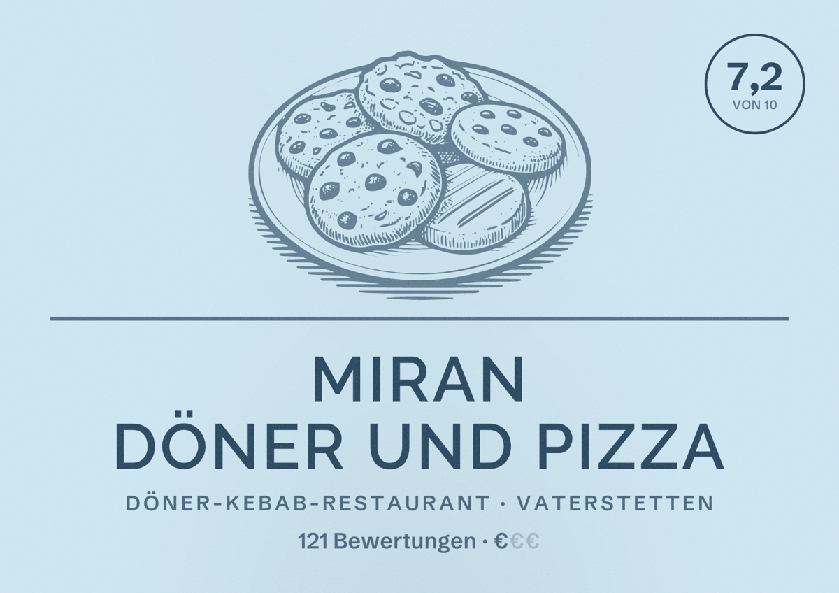 Illustriertes Poster von Miran Döner und Pizza, Döner-Kebab-Restaurant in Vaterstetten: Bewertung 7,2 von 10 aus 121 Bewertungen, Preisniveau €