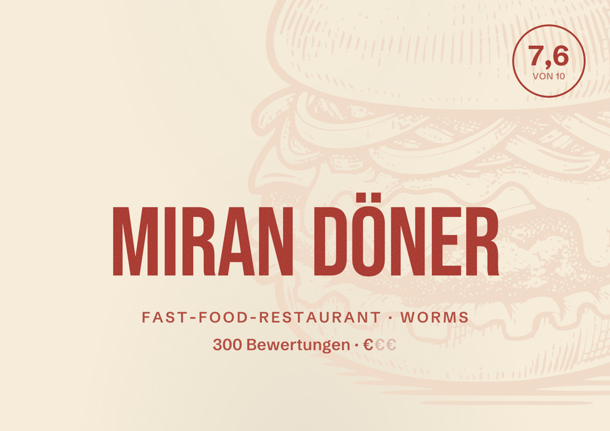 Illustriertes Poster von MIRAN DÖNER, Fast-Food-Restaurant in Worms: Bewertung 7,6 von 10 aus 300 Bewertungen, Preisniveau €