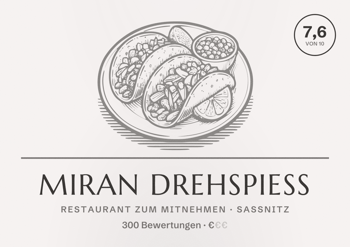 Illustriertes Poster von Miran Drehspieß, Restaurant zum Mitnehmen in Sassnitz: Bewertung 7,6 von 10 aus 300 Bewertungen, Preisniveau €