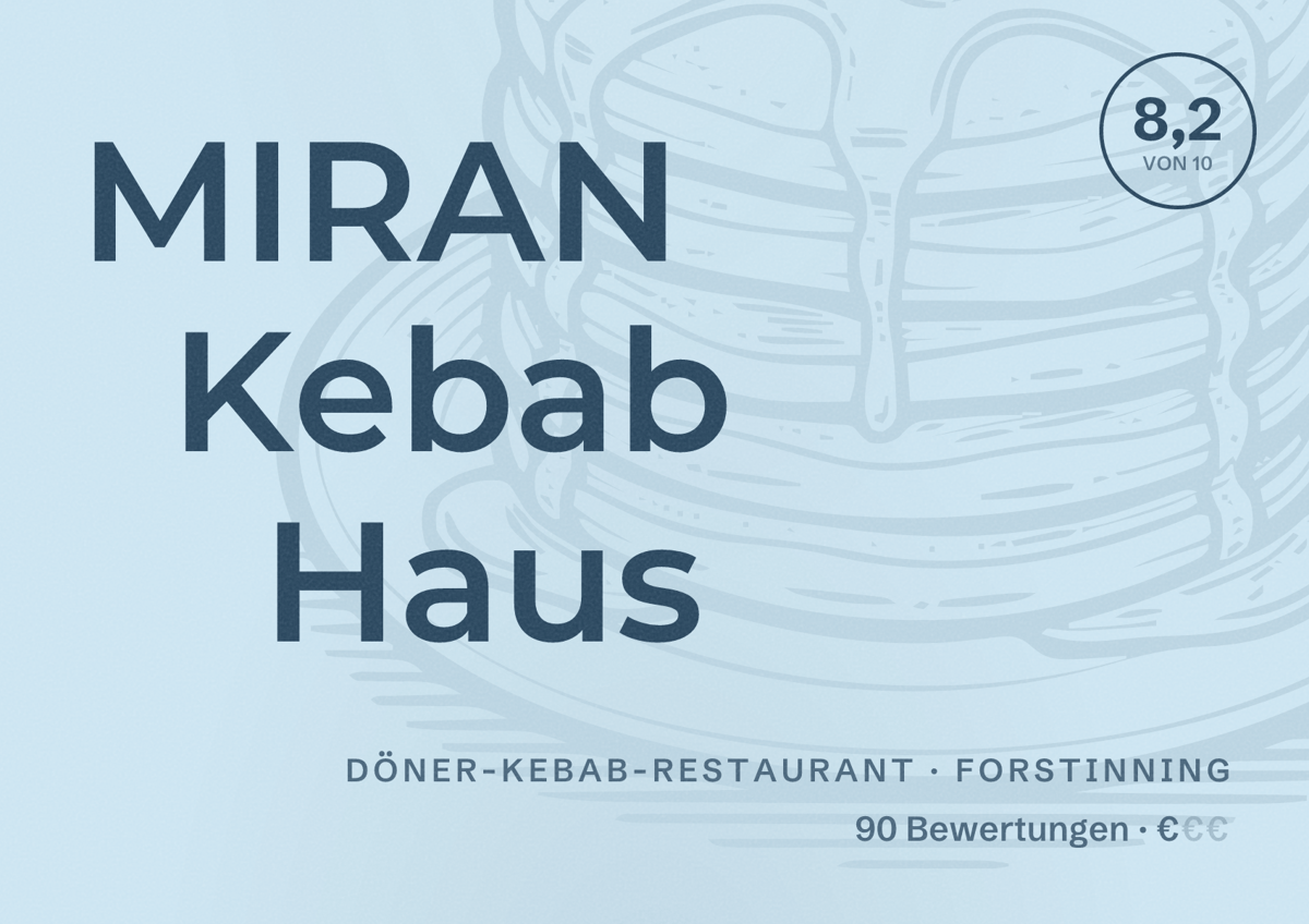 Illustriertes Poster von MIRAN Kebab Haus, Döner-Kebab-Restaurant in Forstinning: Bewertung 8,2 von 10 aus 90 Bewertungen, Preisniveau €